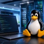 Tux Linux penguin mascot beside a laptop showing code in a blue-lit server room data center