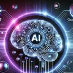 Glowing AI brain circuit with ChatGPT, Google Gemini, and CapCut logos on dark purple-blue tech background