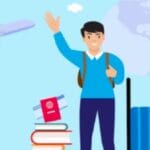 Cartoon student waving goodbye with backpack, suitcase, books, passport, airplane, and globe in background.