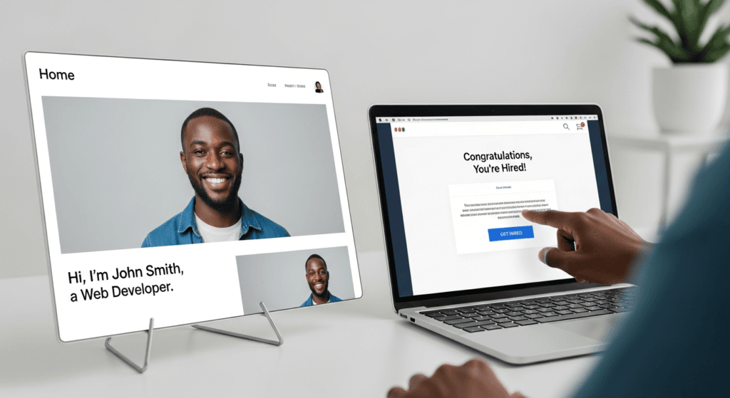 A professional developer workstation showing the steps to build a tech portfolio on a laptop screen