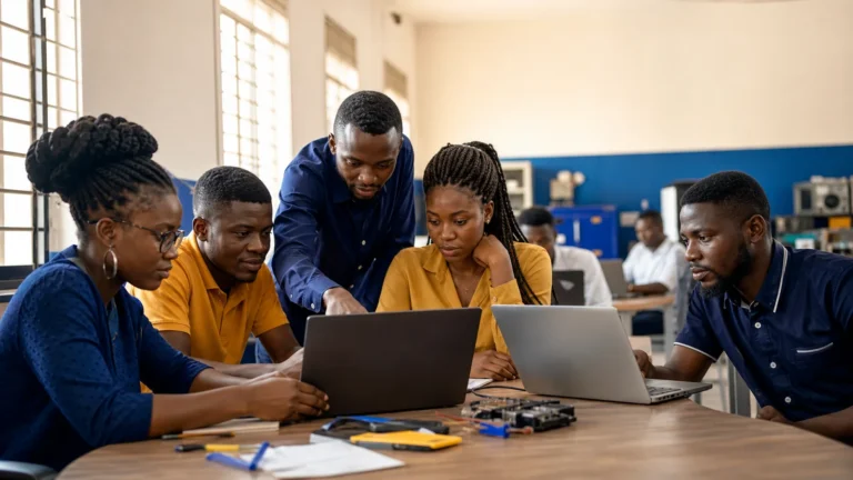 Cameroonian students receiving practical IT training in a modern vocational classroom