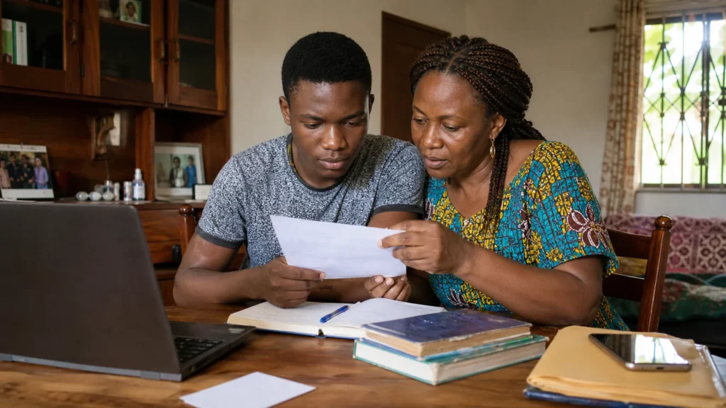 Cameroonian school leaver reviewing GCE results and comparing professional training pathways
