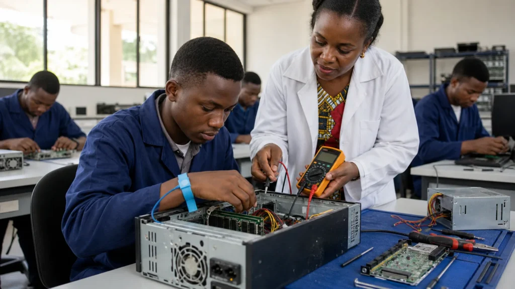 Cameroonian computer hardware maintenance trainees diagnosing and repairing a desktop computer safely