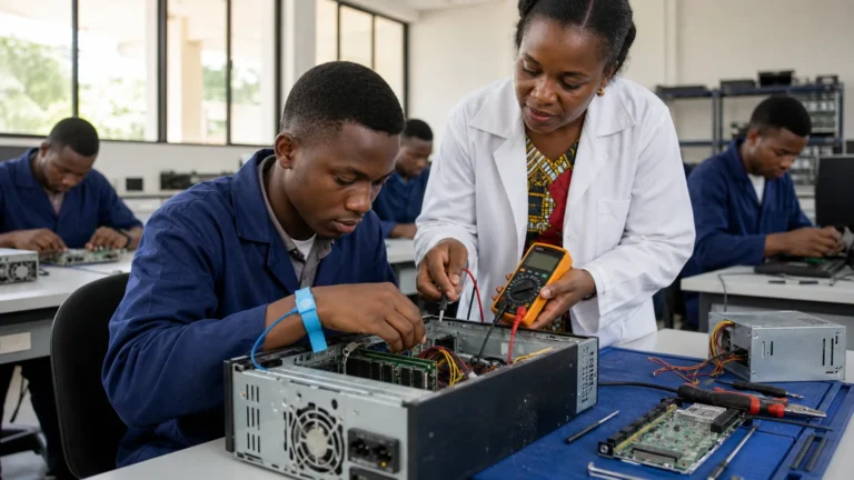 Cameroonian computer hardware maintenance trainees diagnosing and repairing a desktop computer safely