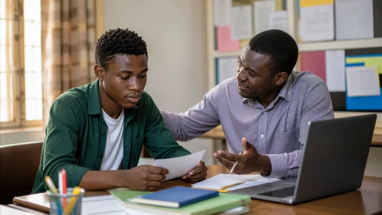 Cameroonian student receiving supportive career guidance after disappointing GCE results