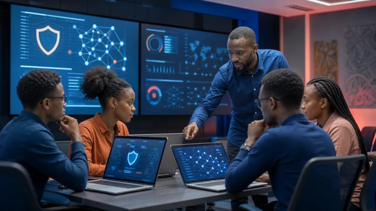 Cybersecurity students in Cameroon practising defensive network security in a computer lab