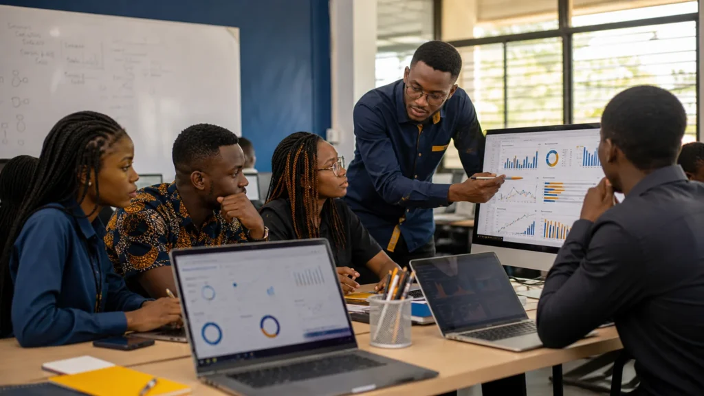 Cameroonian data analysis students turning a dataset into a clear visual dashboard