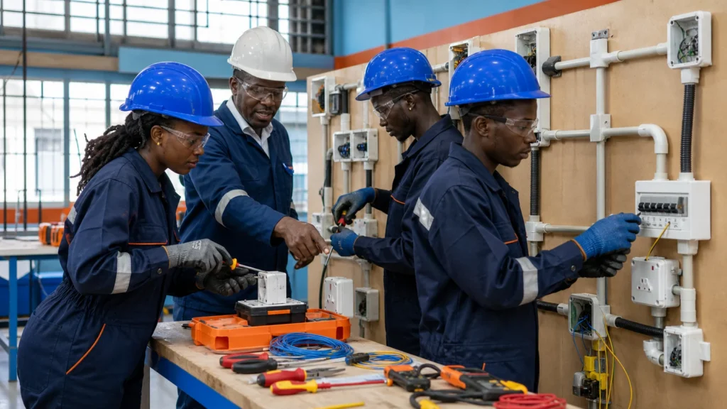 Electrical installation trainees in Cameroon practising safe wiring with an instructor