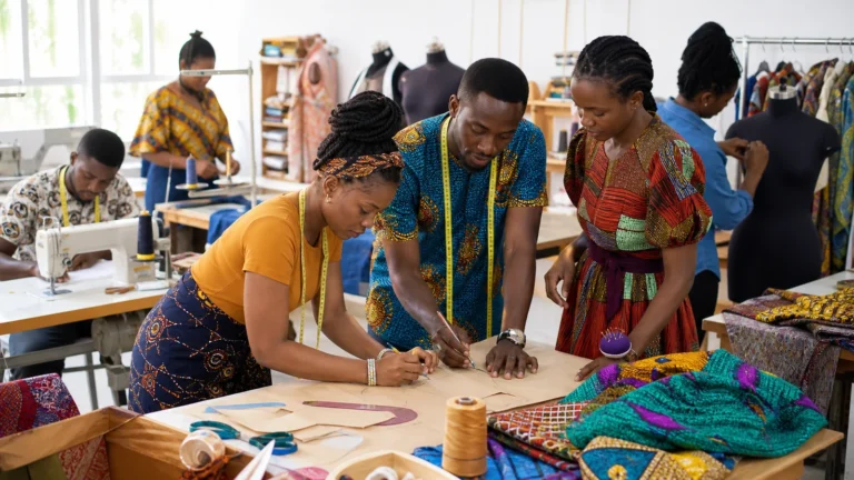 Cameroonian fashion design students measuring cutting and sewing African garments