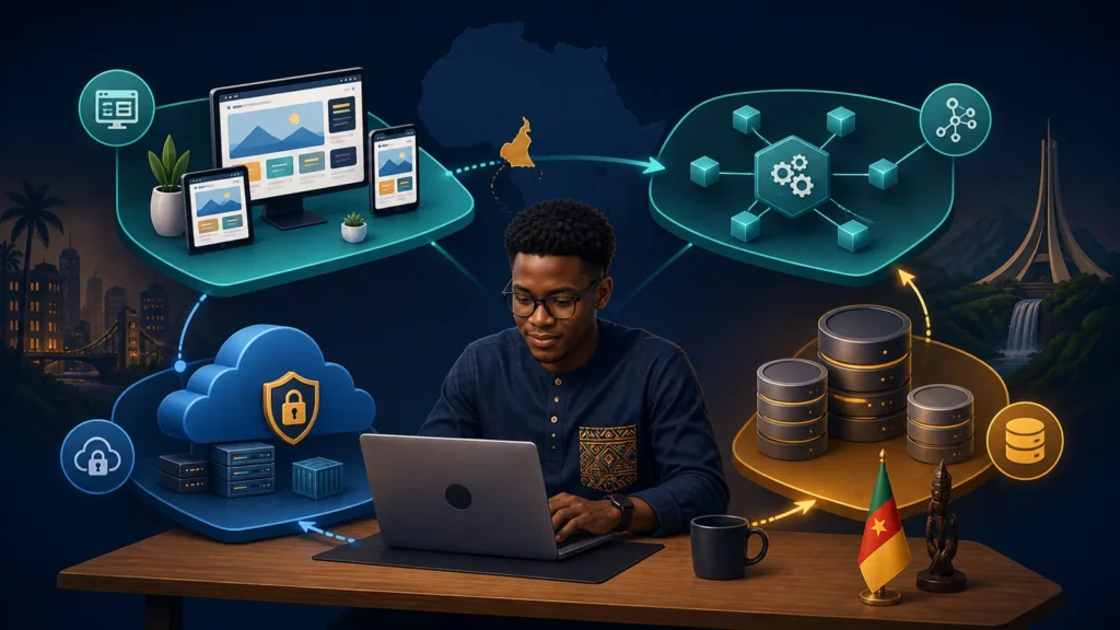 Cameroonian full-stack development student connecting front-end back-end and database components