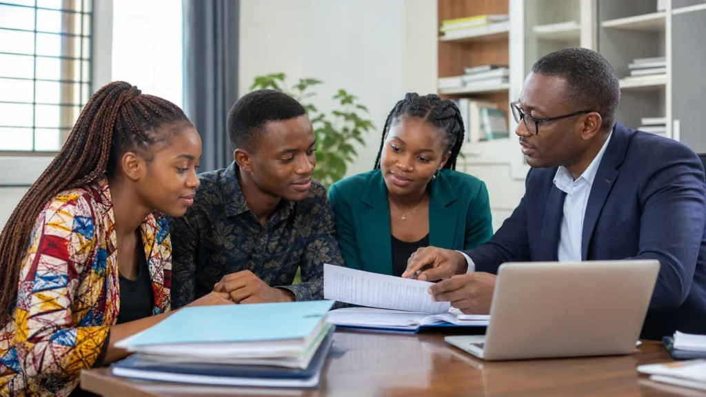 Cameroonian HND applicants reviewing admission documents with an academic adviser