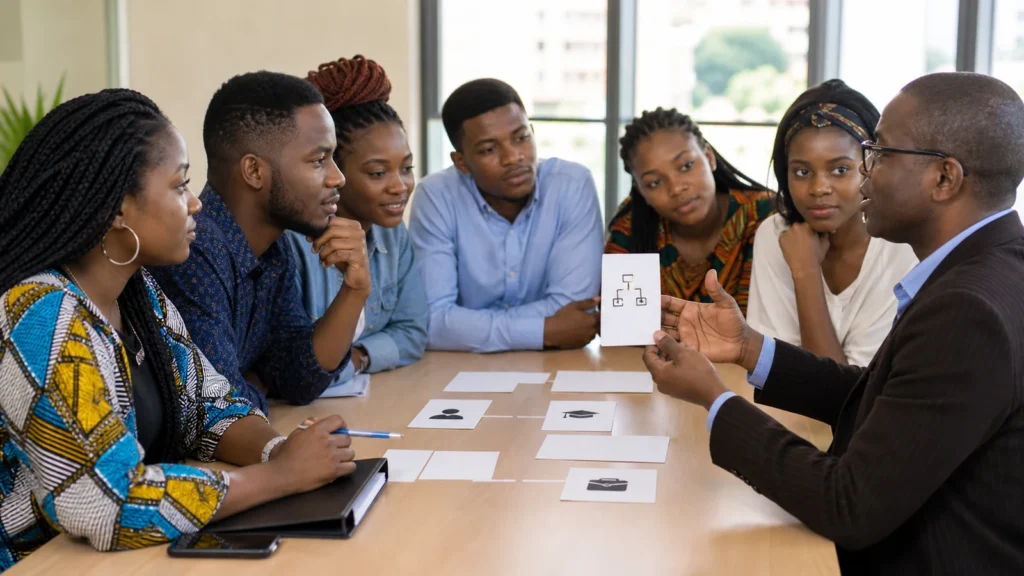 Cameroonian students asking an academic adviser questions about HND admission study examinations and progression