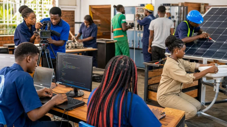 Young Cameroonians practising software media solar and technical trade skills