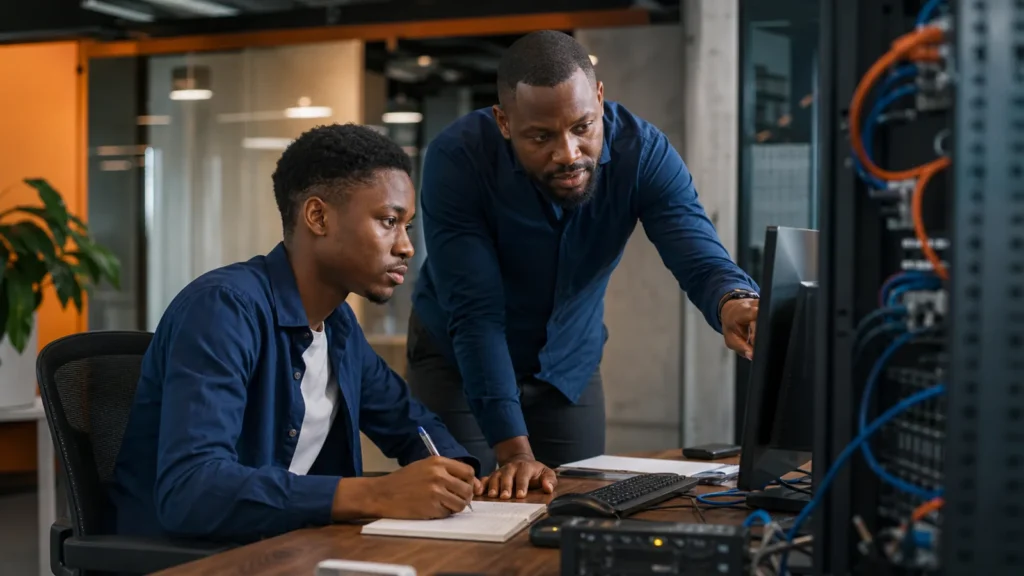 Cameroonian IT student receiving practical internship guidance in a technology workplace