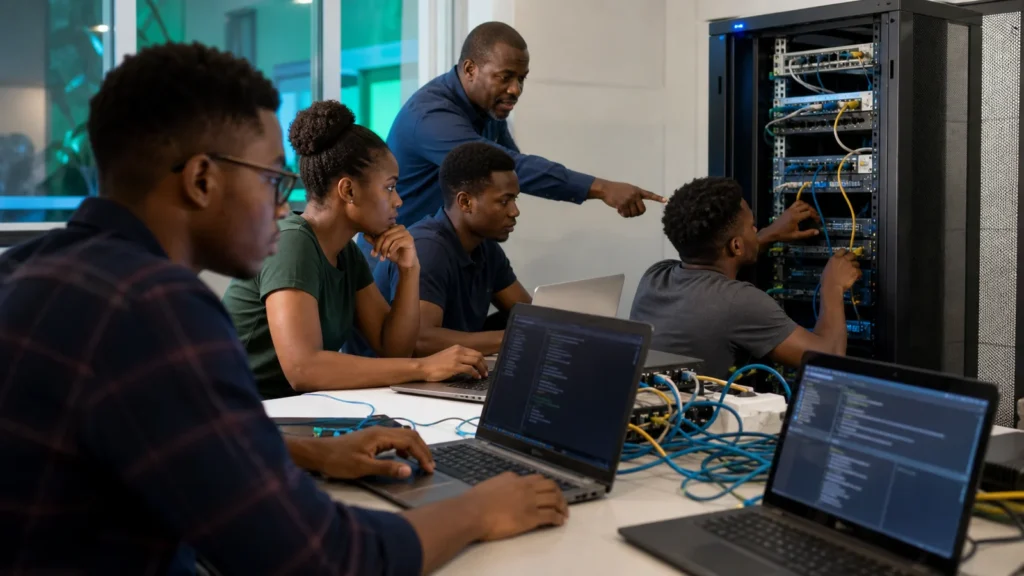 Cameroonian Linux students configuring servers and networks in a practical lab