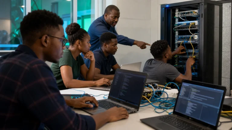 Cameroonian Linux students configuring servers and networks in a practical lab