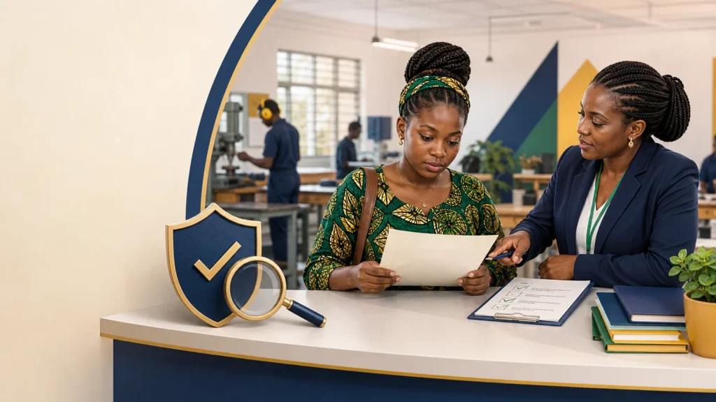 Cameroonian student verifying a vocational training centre authorization with an adviser