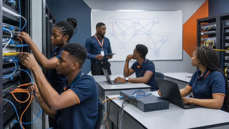 Cameroonian network administration students configuring routers and documenting a secure lab network