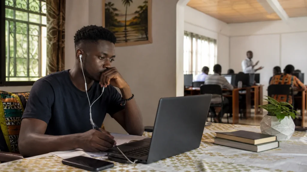 Cameroonian learners comparing online study at home with practical on-campus IT training