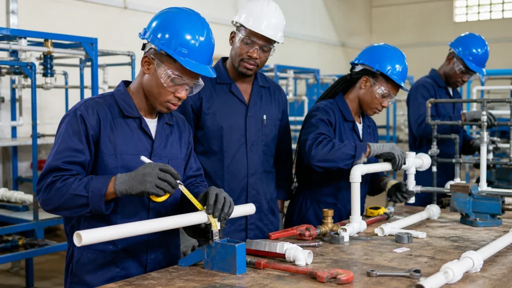 Cameroonian plumbing students practising pipe measurement fitting and leak testing