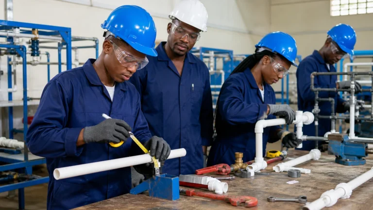 Cameroonian plumbing students practising pipe measurement fitting and leak testing
