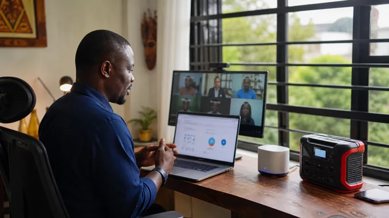 Cameroonian technology professional working remotely with a reliable setup and international team call