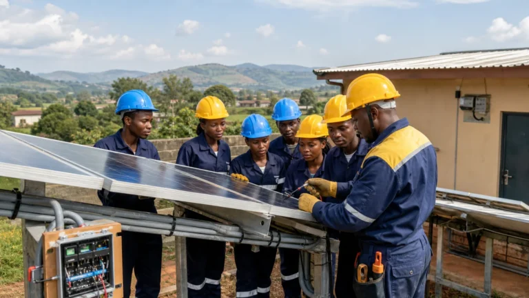 Cameroonian vocational students learning safe solar and electrical installation with an instructor