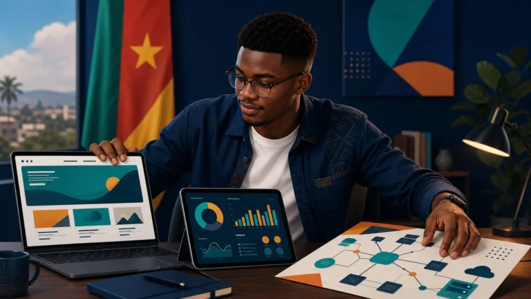 Cameroonian technology student presenting a polished project portfolio without prior job experience