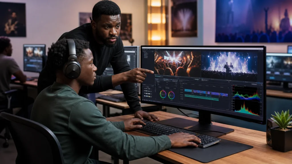 Cameroonian video editing student colour-grading an event project in a computer lab