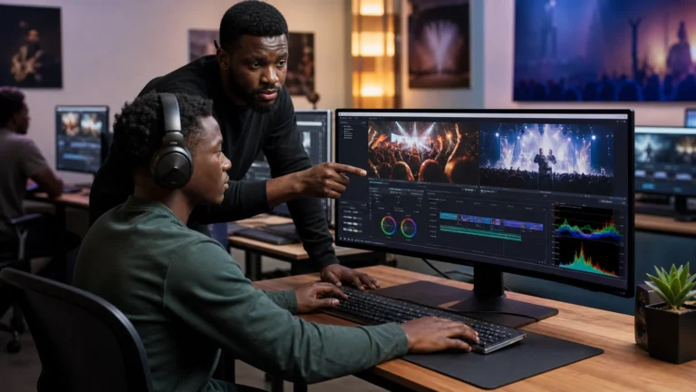 Cameroonian video editing student colour-grading an event project in a computer lab