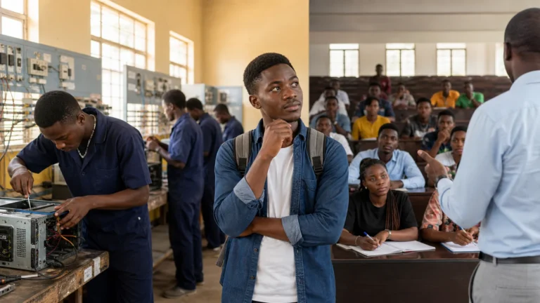 Cameroonian student comparing hands-on vocational training with a university lecture pathway