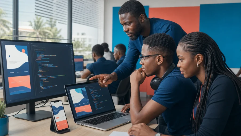 Web development students in Cameroon building a responsive website together