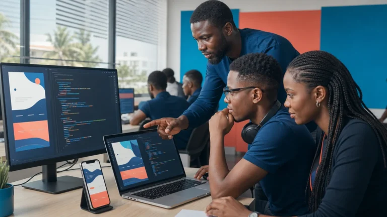 Web development students in Cameroon building a responsive website together